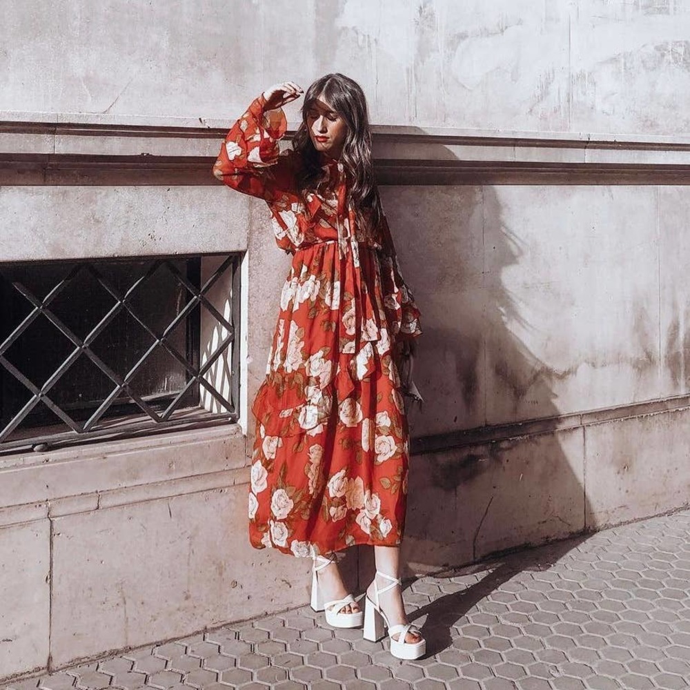 ZARA FLOWY RUFFLE TRIM LONG DRESS WITH TIE ROSE PRINT RED - Picture 15 of 16